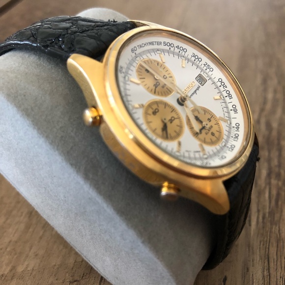 Vintage Seiko Gold Chronograph Watch w/  🐊 Strap - Picture 2 of 7